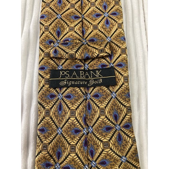 Jos. A. Bank Signature Gold Silk Tie Blue Gold Diamond Pattern Preppy - Picture 4 of 7
